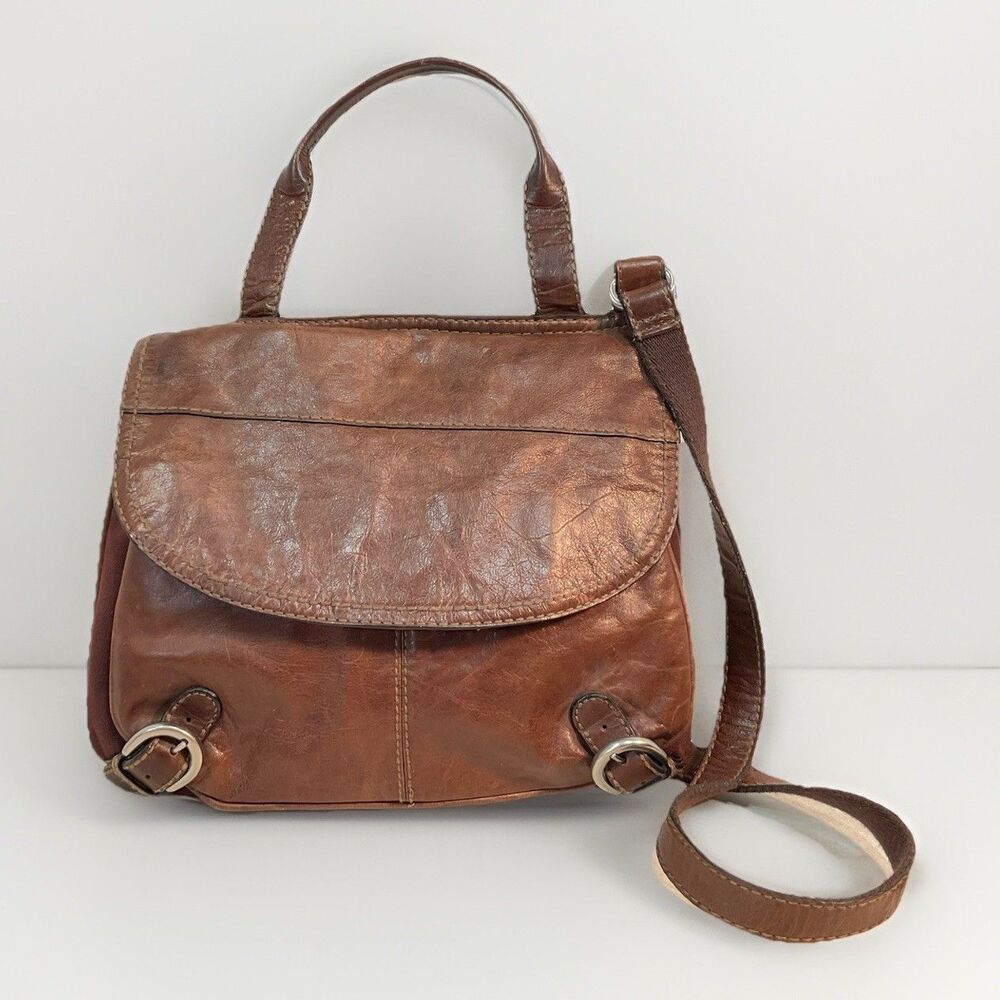 Fossil Lizette Crossbody Messenger Bag Handbag Brown Unisex Leather Canvas